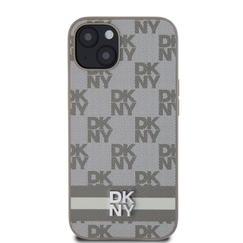 DKNY PU Leather Checkered Pattern and Stripe Case for iPhone 13 Beige image 1