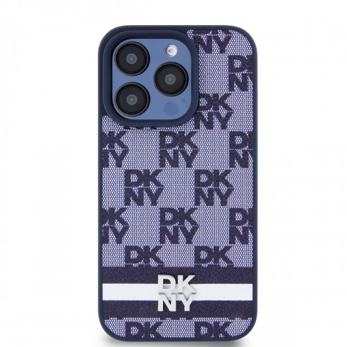 DKNY PU Leather Checkered Pattern and Stripe Case for iPhone 15 Pro Max Blue image 1