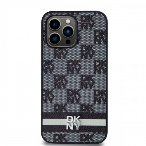 DKNY PU Leather Checkered Pattern and Stripe Case for iPhone 15 Pro Max Black image 1