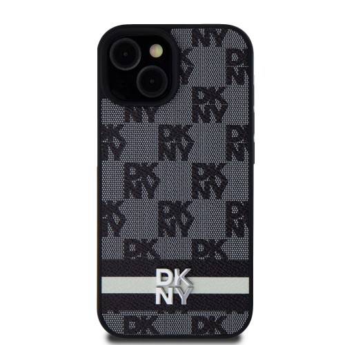 DKNY PU Leather Checkered Pattern and Stripe Case for iPhone 15 Black image 1