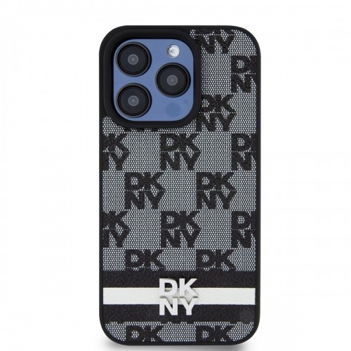 DKNY PU Leather Checkered Pattern and Stripe Case for iPhone 14 Pro Max Black image 1