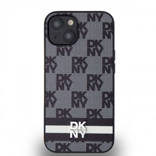 DKNY PU Leather Checkered Pattern and Stripe Case for iPhone 14 Black image 1