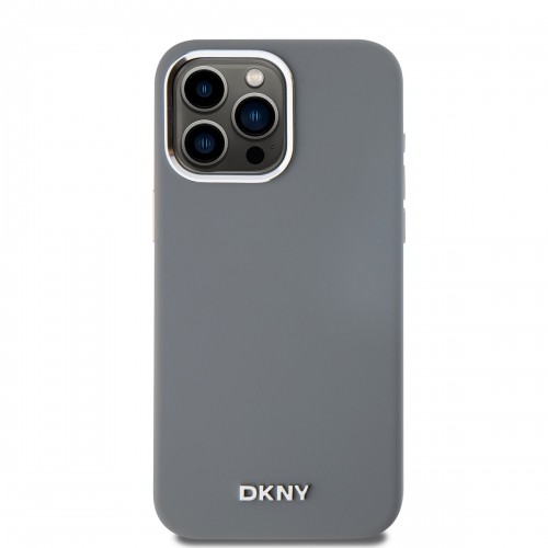 DKNY Liquid Silicone Silver Metal Logo MagSafe Case for iPhone 15 Pro Max Grey image 1