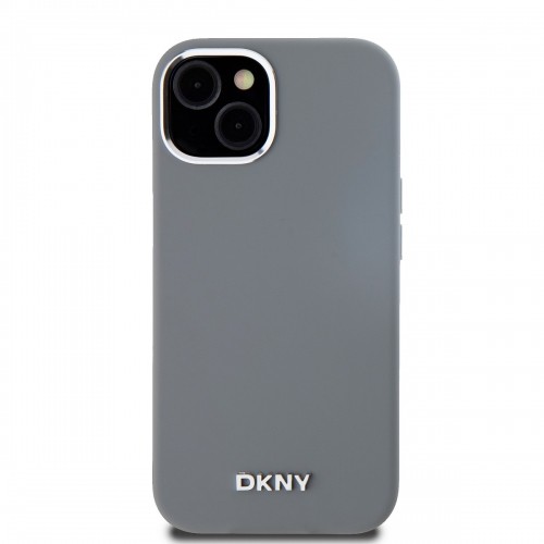 DKNY Liquid Silicone Silver Metal Logo MagSafe Case for iPhone 15 Grey image 1