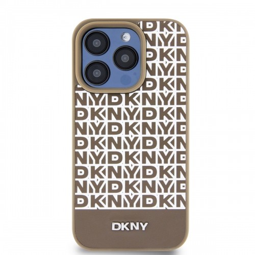 DKNY PU Leather Repeat Pattern Bottom Stripe MagSafe Case for iPhone 15 Pro Max Brown image 1