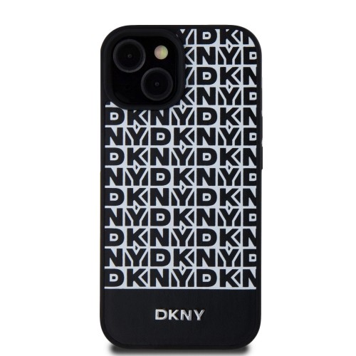 DKNY PU Leather Repeat Pattern Bottom Stripe MagSafe Case for iPhone 15 Black image 1