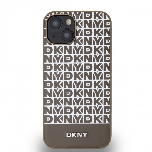 DKNY PU Leather Repeat Pattern Bottom Stripe MagSafe Case for iPhone 15 Brown image 1