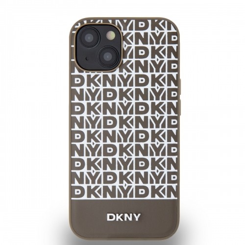 DKNY PU Leather Repeat Pattern Bottom Stripe MagSafe Case for iPhone 14 Brown image 1