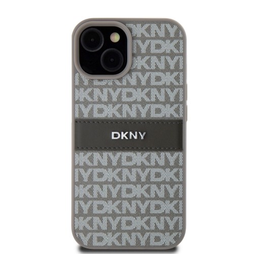 DKNY PU Leather Repeat Pattern Tonal Stripe Case for iPhone 15 Beige image 1