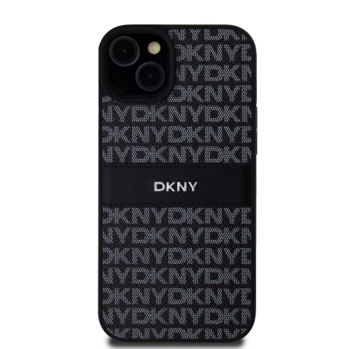 DKNY PU Leather Repeat Pattern Tonal Stripe Case for iPhone 15 Plus Black image 1