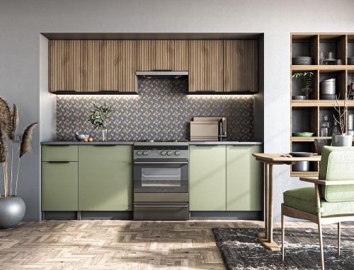 Halmar KSENIA 240 kitchen set, color: front - light walnut / pistachio, body – antracite, worktop – grey image 1