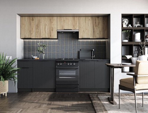 Halmar EMMA 240 kitchen set, color: front - artisan oak / black, body – carbon wood, worktop – black image 1