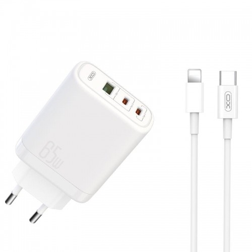 XO wall charger CE04 PD 65W QC 4 45W 1x USB 2x USB-C white + USB-C – Lightning cable image 1