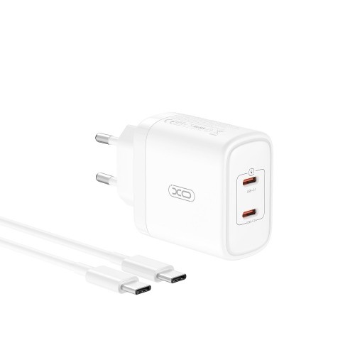 XO wall charger CE08 PD 50W 2x USB-C white + USB-C - USB-C cable image 1