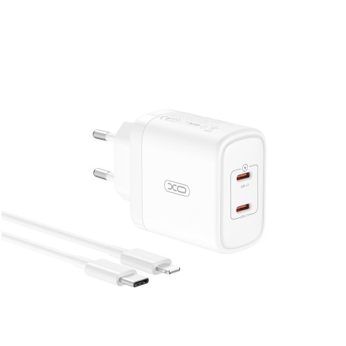 XO wall charger CE08 PD 50W 2x USB-C white + USB-C - Lightning cable image 1