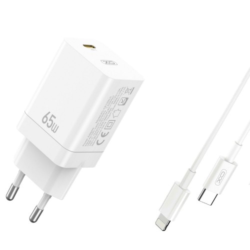 XO wall charger CE10 PD 65W 1x USB-C white + USB-C - Lightning cable image 1
