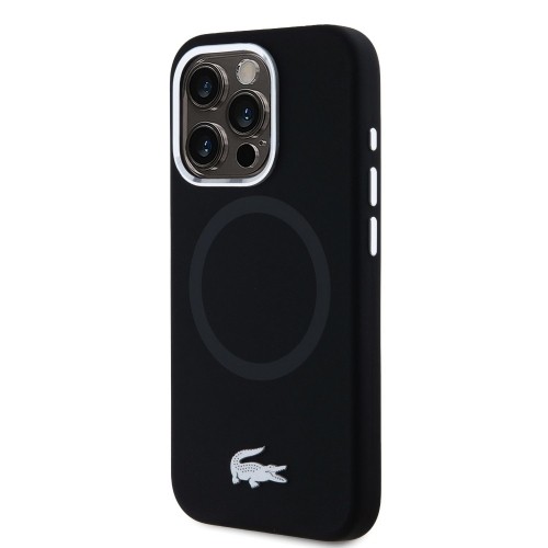 Lacoste Liquid Silicone Microfiber Silver Croc Logo MagSafe Case for iPhone 15 Pro Max Black image 1