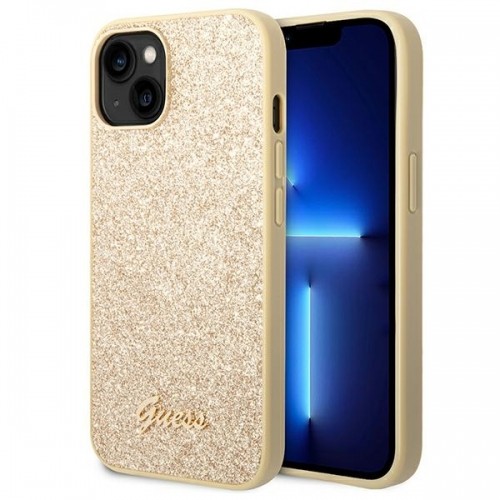 Guess PC|TPU Glitter Flakes Metal Logo Case for iPhone 14 Gold image 1