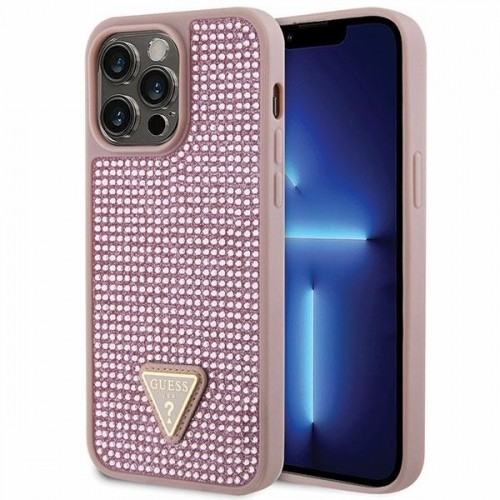Guess Rhinestones Triangle Metal Logo Case for iPhone 14 Pro Max Pink image 1