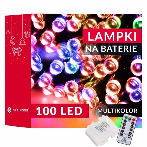 100 LED ar baterijām darbināmas daudzkrāsainas eglīšu lampiņas ar tālvadības pulti Springos CL4036 image 1