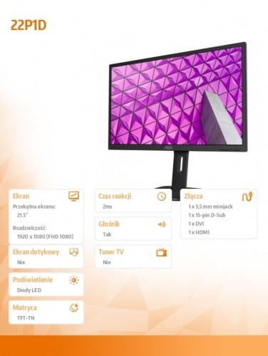 AOC Monitor 21.5 22P1D LED DVI HDMI Pivot Speaker image 2