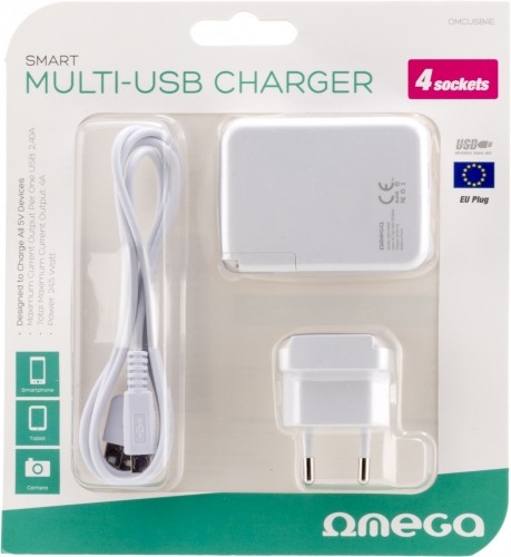 Omega USB зарядное устройство 4xUSB EU + кабель, белый (42672) image 2