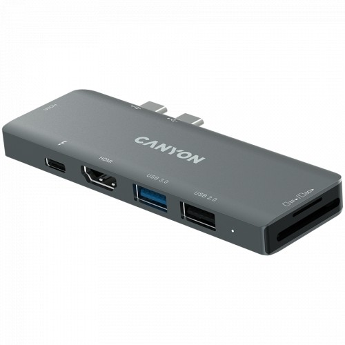 Canyon DS-05B Multiport Docking Station with 7 port, 1*Type C PD100W+2*HDMI+1*USB3.0+1*USB2.0+1*SD+1*TF. Input 100-240V, Output USB-C PD100W&USB-A 5V/1A, Aluminum alloy, Space gray, 104*42*11mm, 0.046kg(Generation B) image 2