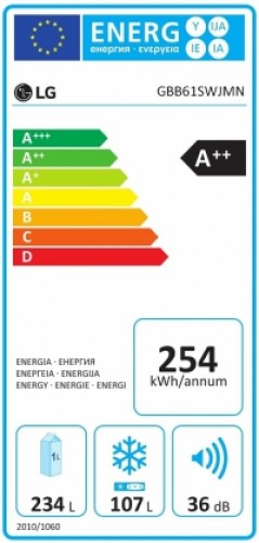 LGLedusskapis GBB61SWJMN A++, Free standing, Combi, Height 186 cm, No Frost system, Fridge net capacity 234 L, Freezer net capacity 107 L, Display, 36 dB, White image 2