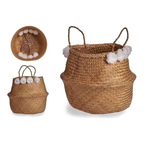 Basket White Brown Natural Rushes Pompoms 8 L 32 x 30 x 32 cm image 2