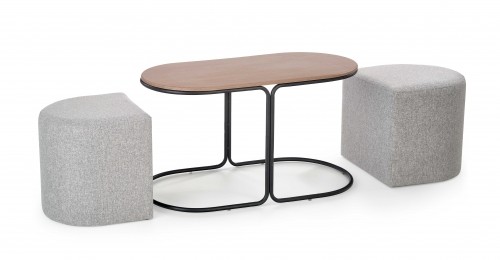 Halmar PAMPA, coffee table with pouffes, top: walnut, legs: black, pouffe: grey image 2