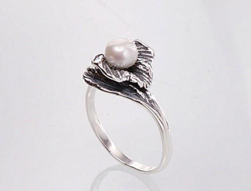 Серебряное кольцо #2100678(POx-Bk)_PE, Серебро	925°, оксид (покрытие), Жемчуг , Размер: 17.5, 2.8 гр. image 2