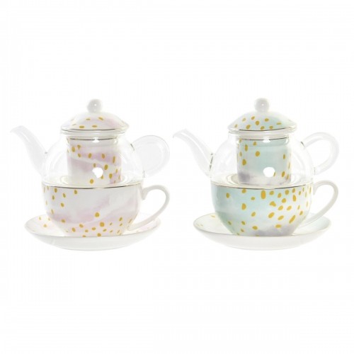 Teapot DKD Home Decor Crystal Porcelain Pink Transparent White Green (2 Units) image 2