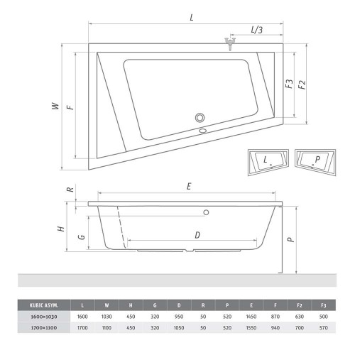 Roth KUBIC ASYMMETRIC /160 (L) 9660000 Asimetriska stūra akrila vanna image 2