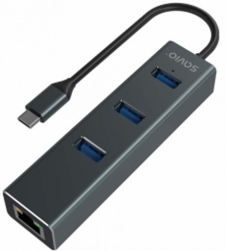 USB Centrmezgls Savio 3-port USB-C 3.1 GEN 1 hub with RJ-45 Gigabit Ethernet image 2