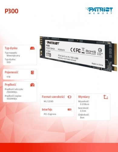 Patriot SSD 1TB P300 M.2 PCIe 2280 2100/1650 image 2