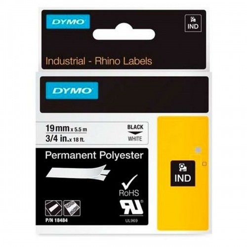 Laminated Tape for Labelling Machines Rhino Dymo ID1-19 19 x 5,5 mm Black Polyester White Self-adhesives (5 Units) image 2