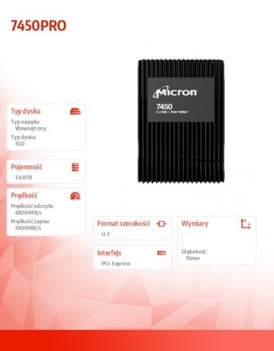 Micron Drive SSD 7680GB 7450PRO U.3 15mm MTFDKCC7T6TFR-1BC1ZABYY image 2