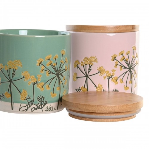Tin DKD Home Decor 11,5 x 11,5 x 12 cm Floral Pink Green Bamboo Stoneware Shabby Chic (2 Units) image 2
