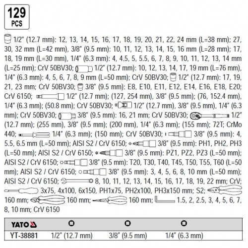 Instrumentu komplekts 1/4'' 1/2" 3/8'' (129gab.) YT-38881 YATO image 2