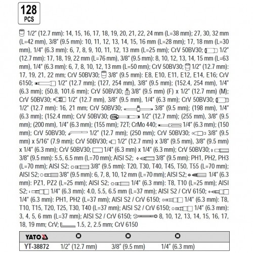 Instrumentu komplekts 1/4'', 1/2'', 3/8'' (128gab.) YT-38872 YATO image 2