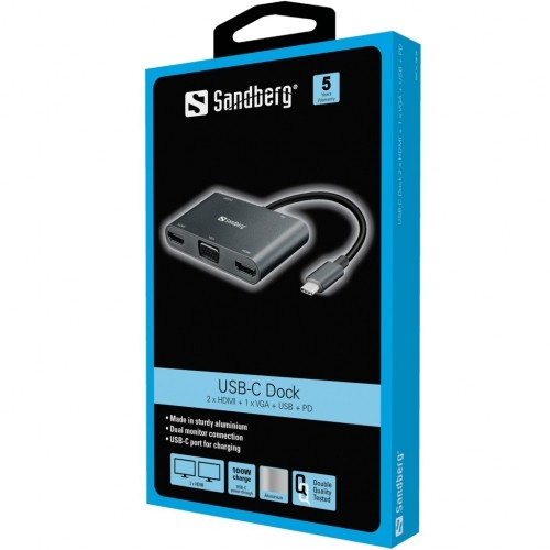 Sandberg 136-35 USB-C Dock 2xHDMI+1xVGA+USB+PD image 2