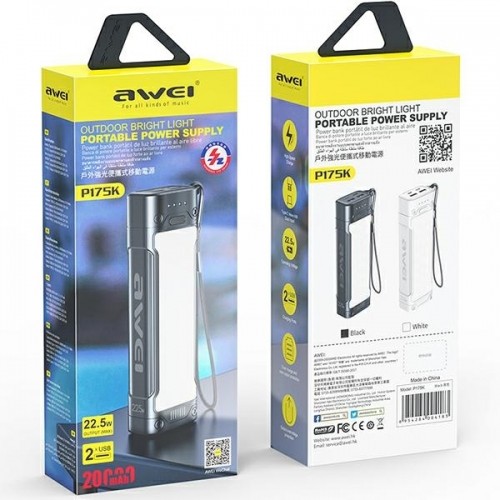 AWEI PowerBank P175K 20000mAh 22.5W czarny|black 2xUSB|PD + lampka LED image 2