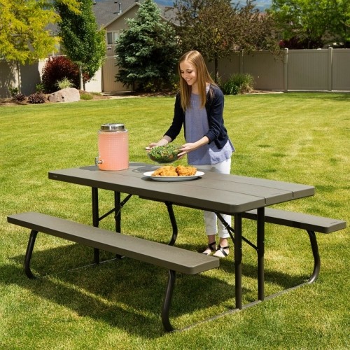 Folding Table Lifetime Wood Brown Picnic Steel Plastic 183 x 74 x 145 cm image 2