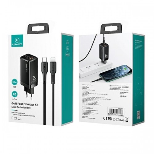 USAMS T33 GaN 65W Mini Fast Charger + SJ406 U43 C to L Cable Black image 2