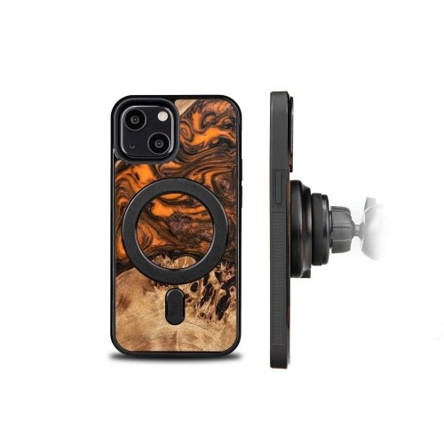 Wood and Resin Case for iPhone 13 Mini MagSafe Bewood Unique Orange - Orange and Black image 2