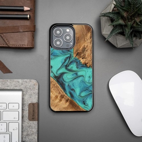 Bewood Unique Turquoise iPhone 13 Pro Wood and Resin Case - Turquoise Black image 2
