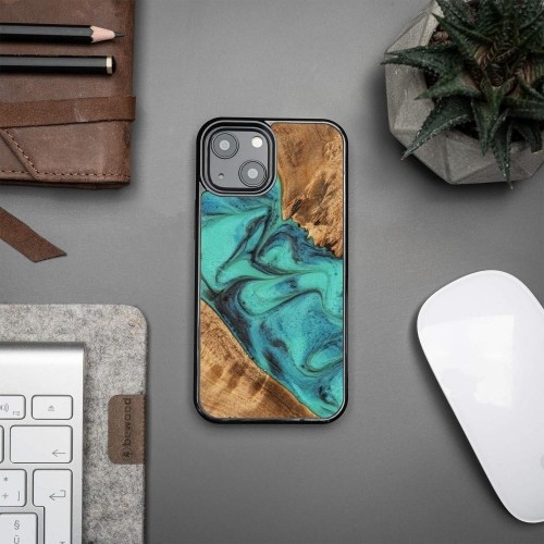 Wood and Resin Case for iPhone 13 Mini Bewood Unique Turquoise - Turquoise Black image 2