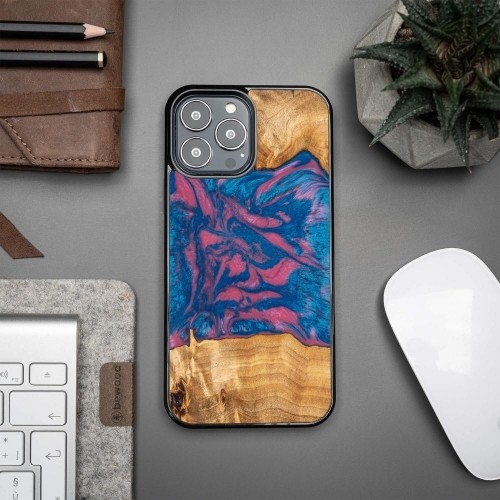 Wood and Resin Case for iPhone 13 Pro Max Bewood Unique Vegas - Pink and Blue image 2