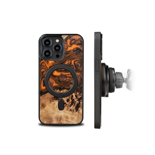 Wood and Resin Case for iPhone 14 Pro Max MagSafe Bewood Unique Orange - Orange and Black image 2