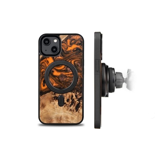 Wood and Resin Case for iPhone 14 MagSafe Bewood Unique Orange - Orange and Black image 2